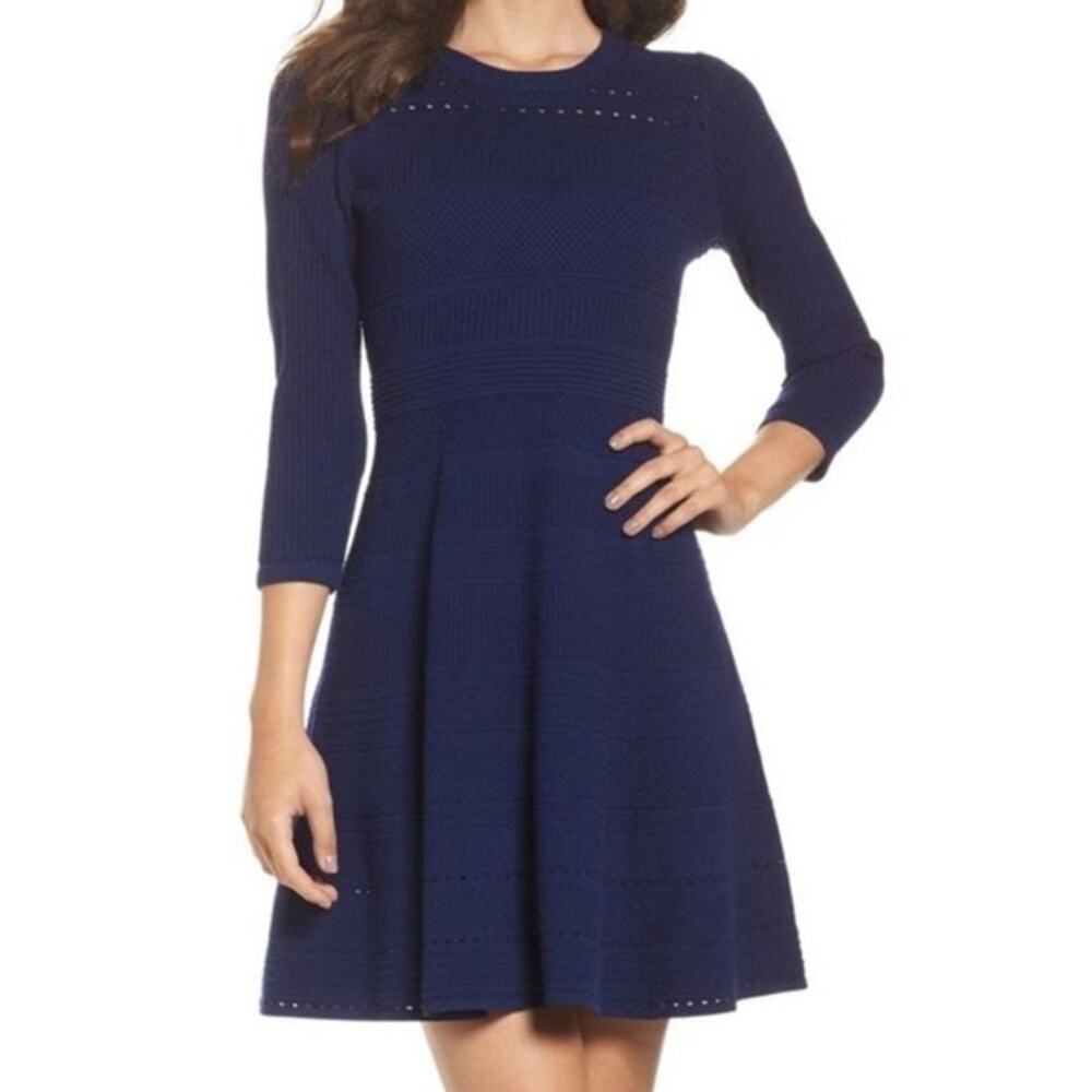 Eliza J Dress Women’s Small Navy Blue Fit and Flare Sweater Dress Texture Knit